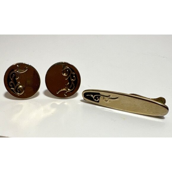 Vintage Cufflink & Tie Clip Set Gold Tone Swirl Design - Picture 1 of 8